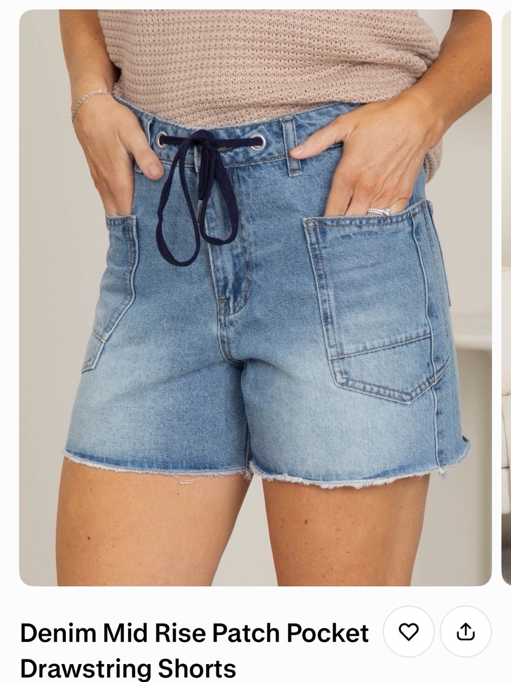 Mid-Rise Light Blue Denim Patch-Pocket Drawstring Shorts